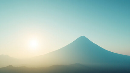 Silhouette of a volcanic peak against a clear sky with soft-focused mountains below, a minimalistic and bright tone creating an empty blank caption space on the side, evoking calm amidst chaos

