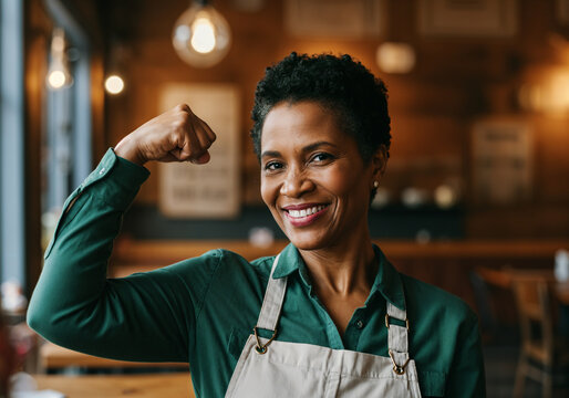 Confident cafe owner flexing her bicep, showcasing strength and pride in her business