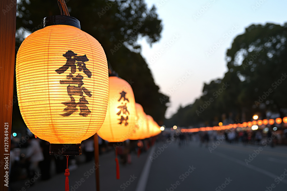 Poster a row of lanterns with chinese characters on them are lit up on a street