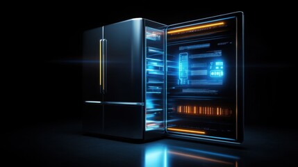 Obraz premium Futuristic Refrigerator with Transparent Display and Illuminated Technology Features Set Against a Dark Background for Modern Kitchen Concepts
