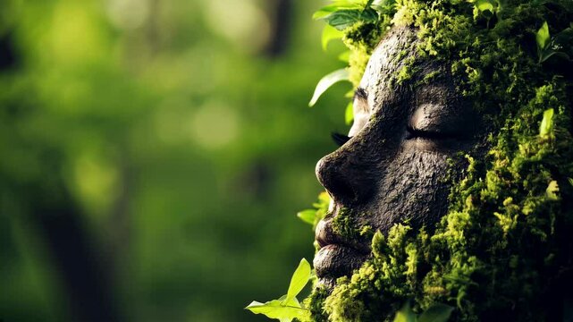A face formed by earth resembling mother nature with tree texture blends seamlessly with the surrounding nature, conveying a peaceful essence. Sunlight filters through trees.