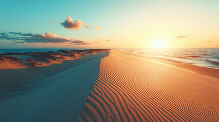 A vast desert with intricate sand ripples and dunes creating a sense of solitude and vastness under a bright, minimalist sky with blurred empty space on the side evoking calm and emptiness

