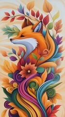 Obraz premium Whimsical fox amidst colorful autumn leaves and flowers, stylized nature artwork, vibrant seasonal design with flowing patterns and elegant curves