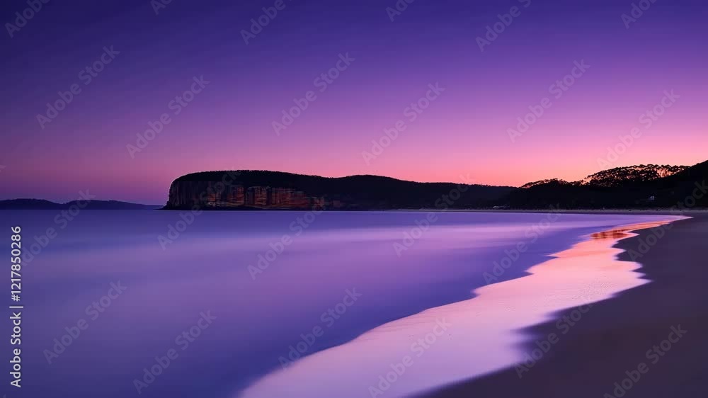Poster serene twilight over a tranquil beach with gentle waves and distant cliffs in the background