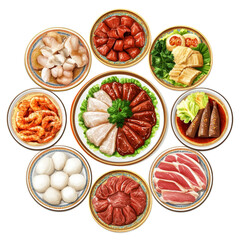 A delightful arrangement of peking duck and assorted delicacies served on ornate plates, perfect for an upscale dining experience, top view delicious peking duck food plate on a transparent background