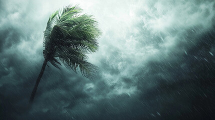 Palm tree swaying in the wind amidst a hurricane with dark clouds and a stormy sea in the background creating a sense of chaos and contrast against a minimalistic bright-toned modern scene

