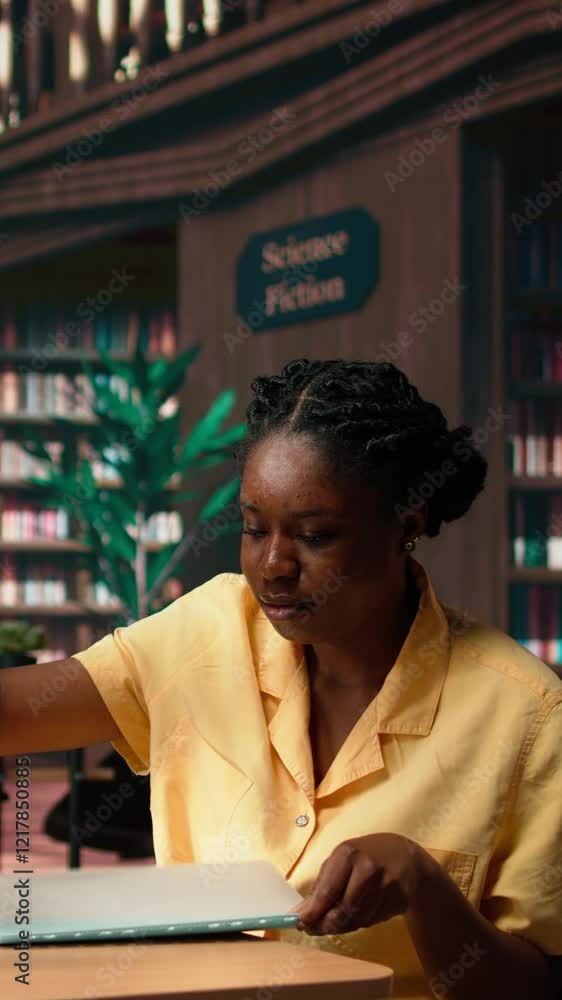 Poster vertical video african american pupil highlighting key words from the class notes, creating a summar