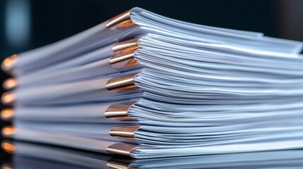Close-up of a perfectly arranged stack of financial reports and documents, crisp pages with charts and graphs visible on the top sheet, sleek modern desk background