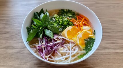 Minimalist bowl of pho with its vibrant ingredients clearly displayed