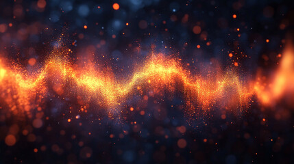 Orange gradient audio waveforms on a dark blue background creating a modern minimalistic design with a bright tone and blurred effect, leaving space for captions to enhance the composition and meaning