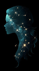 Cosmic silhouette of a woman with stars and galaxies depicting a celestial connection and mystery