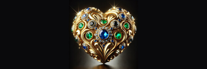 Fototapeta premium Jewelry Glowing Gold Heart Treasure Illustration. Amazing Lace Decoration for Valentine Day or Wedding Greeting Card Invitation Design. Rich Luxury Glowing Shiny Diamond Brilliant Heart Stone Jawel. 