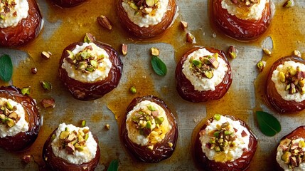 A beautifully arranged platter featuring Medjool dates stuffed with creamy goat cheese and topped with crushed pistachios. The platter is garnished with fresh herbs and served alongside a drizzle of h