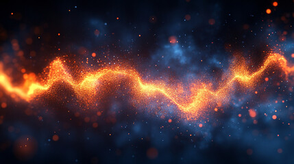 Fototapeta premium Orange gradient audio waveforms on a dark blue background creating a modern minimalistic design with a bright tone and blurred effect, leaving space for captions to enhance the composition and meaning