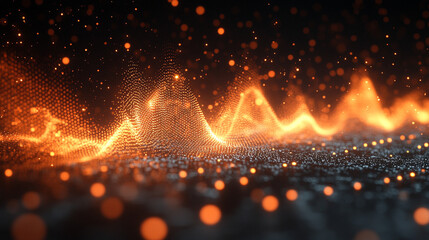 Orange gradient audio waveforms on a dark blue background creating a modern minimalistic design with a bright tone and blurred effect, leaving space for captions to enhance the composition and meaning
