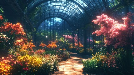 Obraz premium Captivating indoor botanical garden greenhouse with a stunning array of vibrant and lush floral displays set amidst the elegant and symmetrical architectural structure of glass and steel