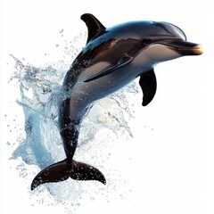 Playful Dolphin Leap, vibrant 2D cartoon depiction of a dolphin joyfully jumping from water against a crisp white backdrop, intricately detailed design