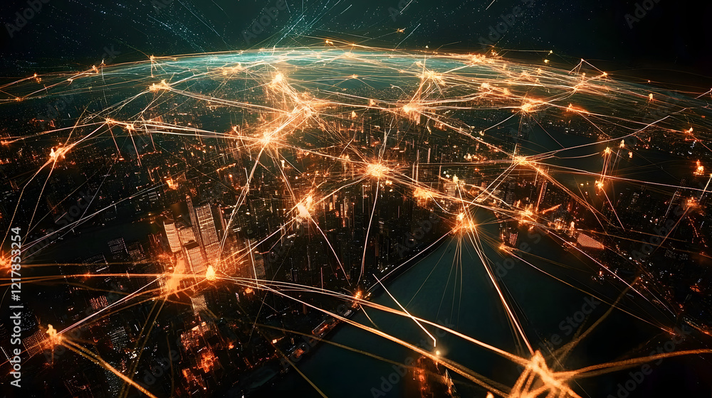 Poster a global network of interconnected business hubs with lines and data flowing between them generative