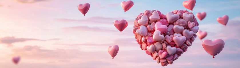 A whimsical pink heart composed of candy, surrounded by floating heart-shaped balloons in soft pink and red tones, all set in a dreamy pastel sky