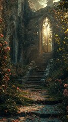 Obraz premium Enchanting Ruins of a Medieval Castle Shrouded in Lush Foliage and Ethereal Light An ancient moss covered stone structure stands as a gateway to a mystical fairytale like realm