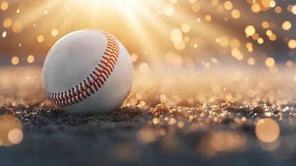 A baseball nestled in the batter's box dirt, with rays of sunlight creating a dramatic contrast between the red stitching and the field's textures