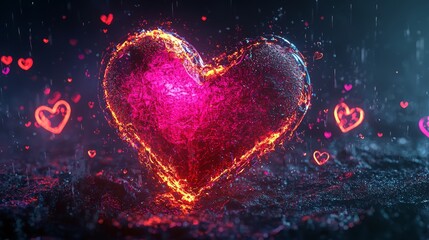 A vibrant pink heart surrounded by a halo of glowing smaller hearts, rendered in glossy 3D with a soft neon glow, futuristic aesthetic, black gradient background