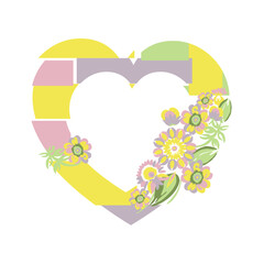 Happy Valentine's day. Greeting card with hearts and flowers. Heart made of abstract geometric pattern. Heart made of pieces that make up a whole