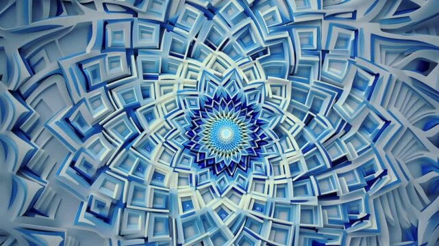 Sacred blue mandala of cosmic flowers, representing spiritual rotation and abstract art.