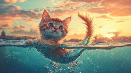 A whimsical cat with a shimmering mermaid tail emerges from tranquil turquoise waters, framed by a vivid sunset sky with golden and pink hues