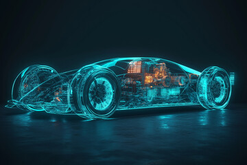 Futuristisches Auto in neonblauer Glaskonstruktion

