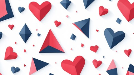 Modern geometric Valentine pattern with triangles and hearts isolated on a clean white backdrop
