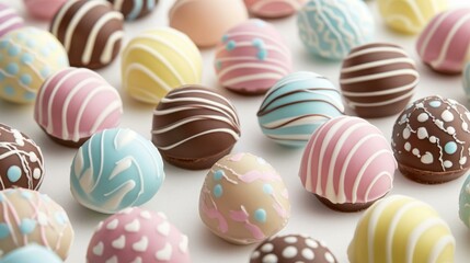 Obraz premium Colorful assorted chocolate truffles with icing decoration for festive and seasonal celebrations on white background