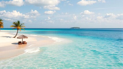 Obraz premium Idyllic Tropical Beach Scene with Palm Trees and Lounge Chairs