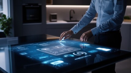 Fototapeta premium Modern Business Professional Interacting with Futuristic Touchscreen Technology in a Stylish Kitchen Environment for Digital Innovation and Smart Home Concepts