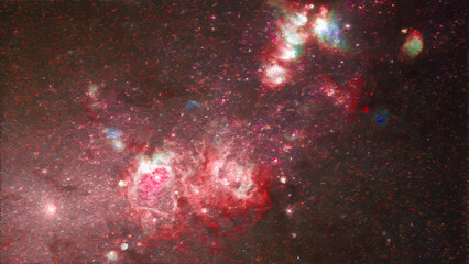 Artwork - Image shows a nebula with dominant reddish hues, interspersed with lighter pink, white,...