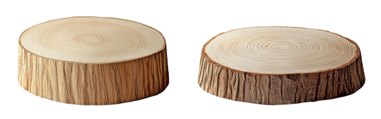 Wooden tree stump pedestals with visible annual rings, natural and rustic, ideal for decoration or display, transparent background