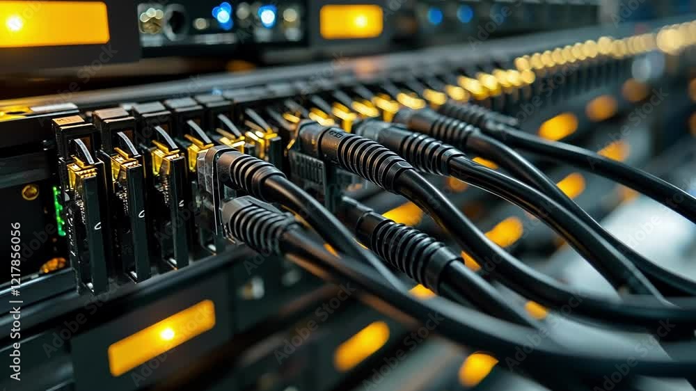 Aufkleber close up view of network cables plugged into servers in a data center, creating a bokeh effect with 