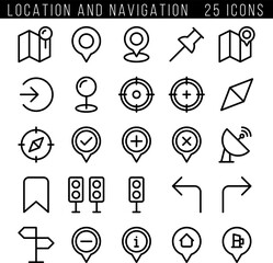 Set of 25  outline icons related to navigation, gps, location, route. Linear icon collection. Editable stroke. Vector illustration
