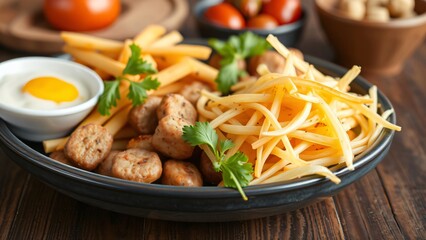 Delicious Plate of Fried Food Meatballs, Fries, and Crispy Straw Potatoes with Creamy Dip
