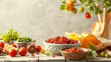 Rustic Italian Cooking Still Life with Tomatoes, Pasta, and Fresh Herbs