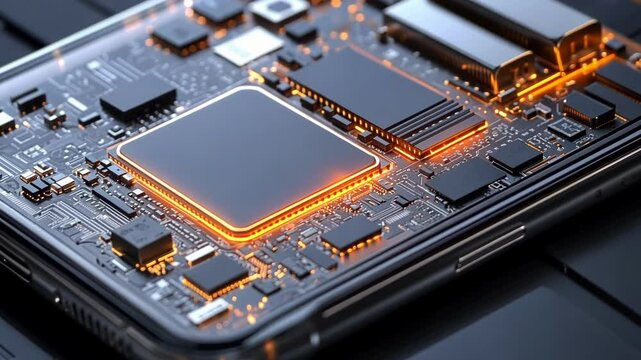Glowing orange electronic circuit board and processor nestled within a smartphone, highlighting advanced technology and a sleek, futuristic design that embodies innovation and modern communication