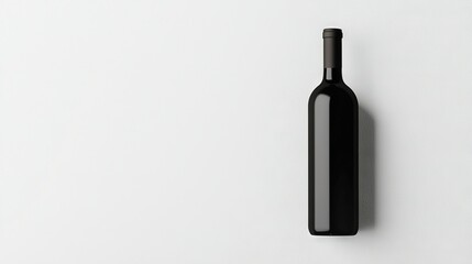   A black bottle of wine sits atop a white table beside a wine bottle on the wall