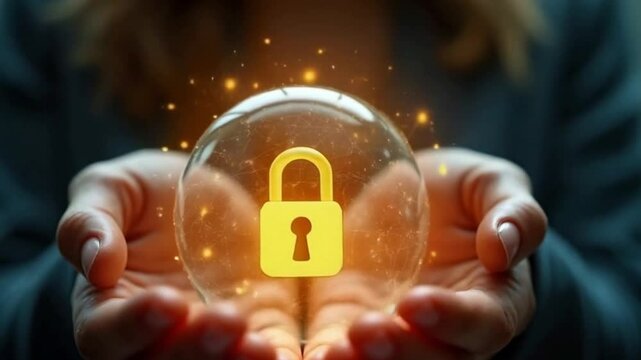 A digital security lock icon in hand is displayed on a high-tech interface, symbolizing cybersecurity, data protection, and online privacy. Suitable for technology, IT security, and digital safety.
