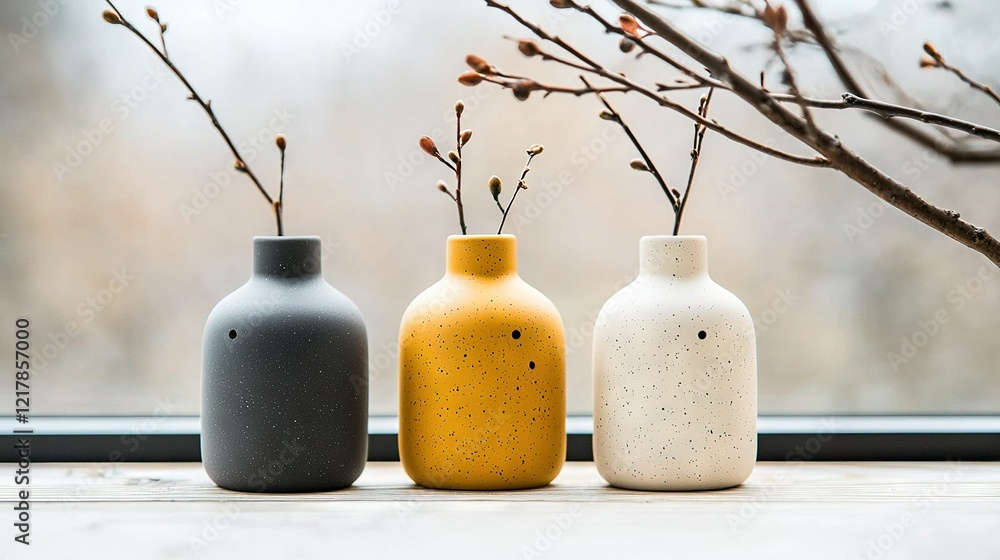 Poster three vases sit together on a window sill, with a tree branch in front