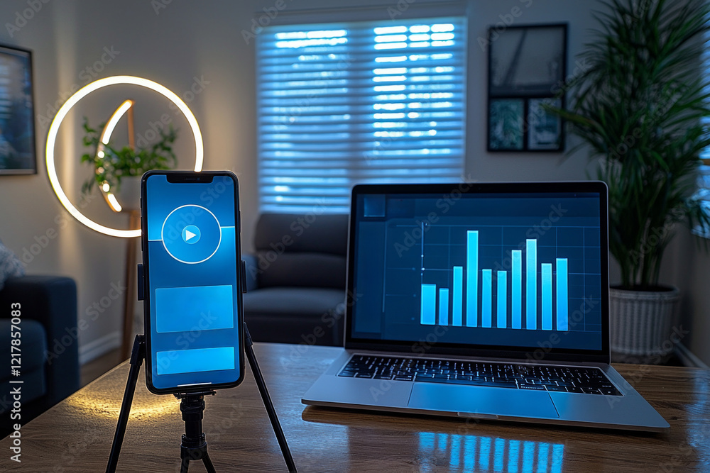 Poster modern desk setup featuring ring light and smartphone on tripod next laptop displaying open analytic