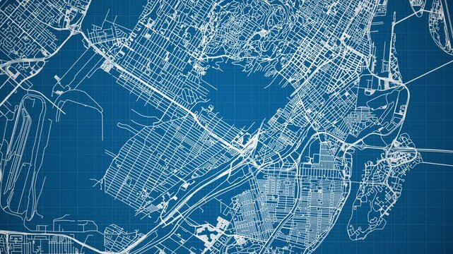 Ink reveal animation of Montreal city, Quebec, Canada, grid map. Aerial top view. Blueprint style. White lines with blue background. 4K Seamless loop.