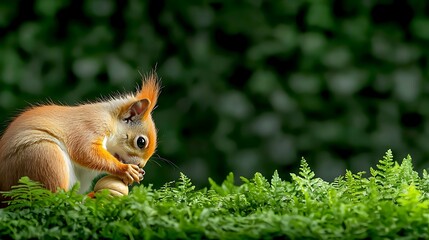 Fototapeta premium Red squirrel eating nut, forest background, nature scene, wildlife photography