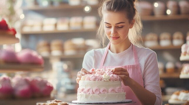 young female pastry chef decorating a cake, wearing a pink apron in a cozy bakery, blurred background with shelves of pastries