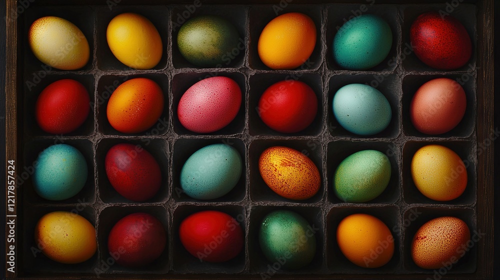 Poster a close-up of a box of eggs with one in front and the other in back