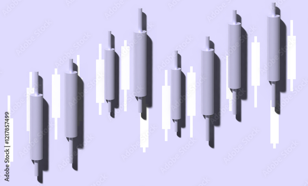 Poster visualization of charts in the form of volumetric candlesticks on a light purple background. minimal
